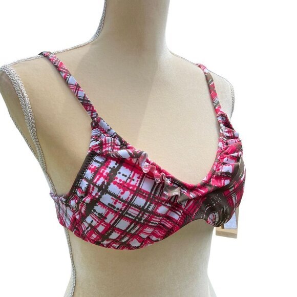RAISINS Ruffle Bikini‎ Swim Top Size M Plaid Pink, Brown, White - Picture 6 of 16